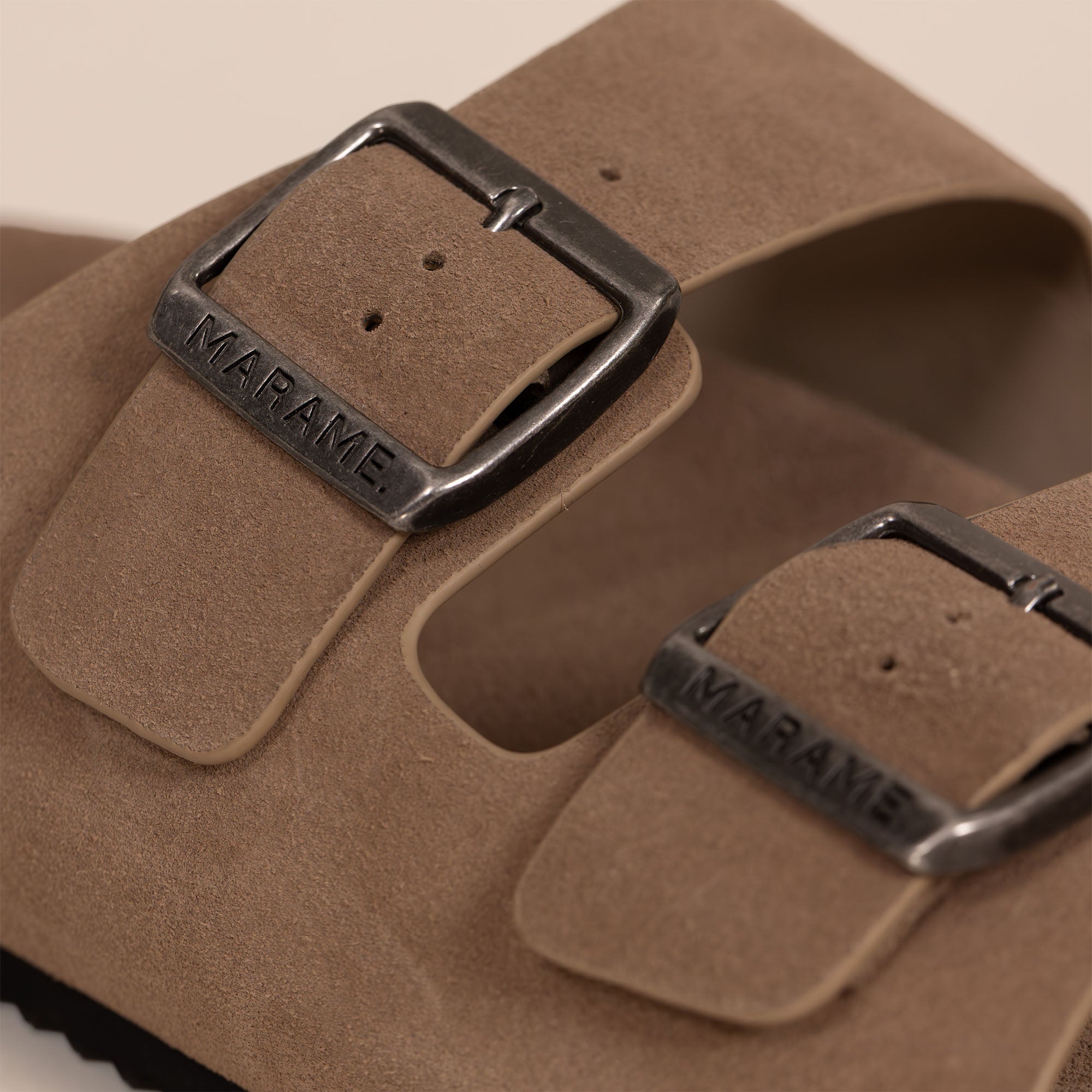 Marame Suede Sandals in Clay, closeup.