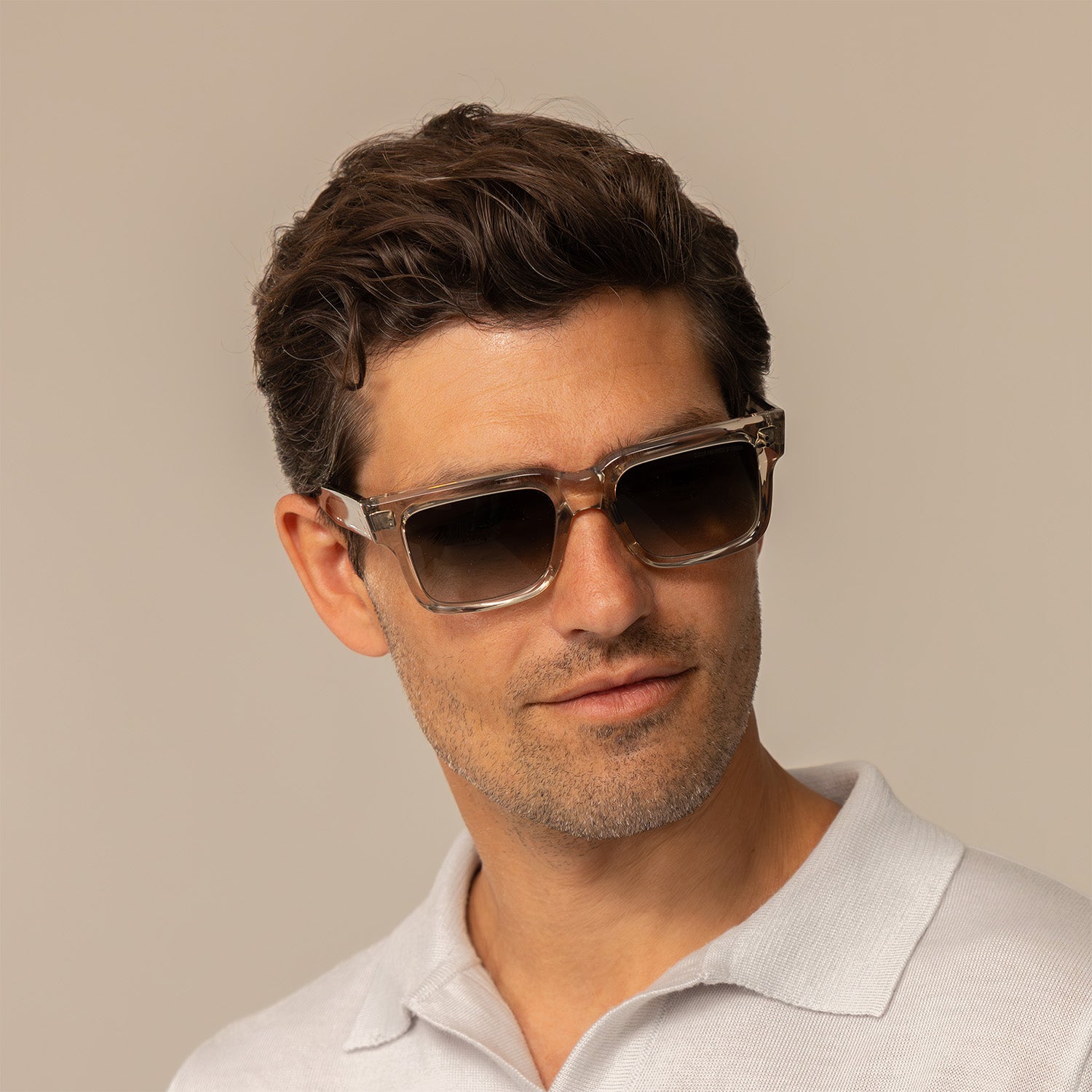 Man wearing Cutler and Gross Square Sunglasses 1403 in Sand Crystal, front view.
