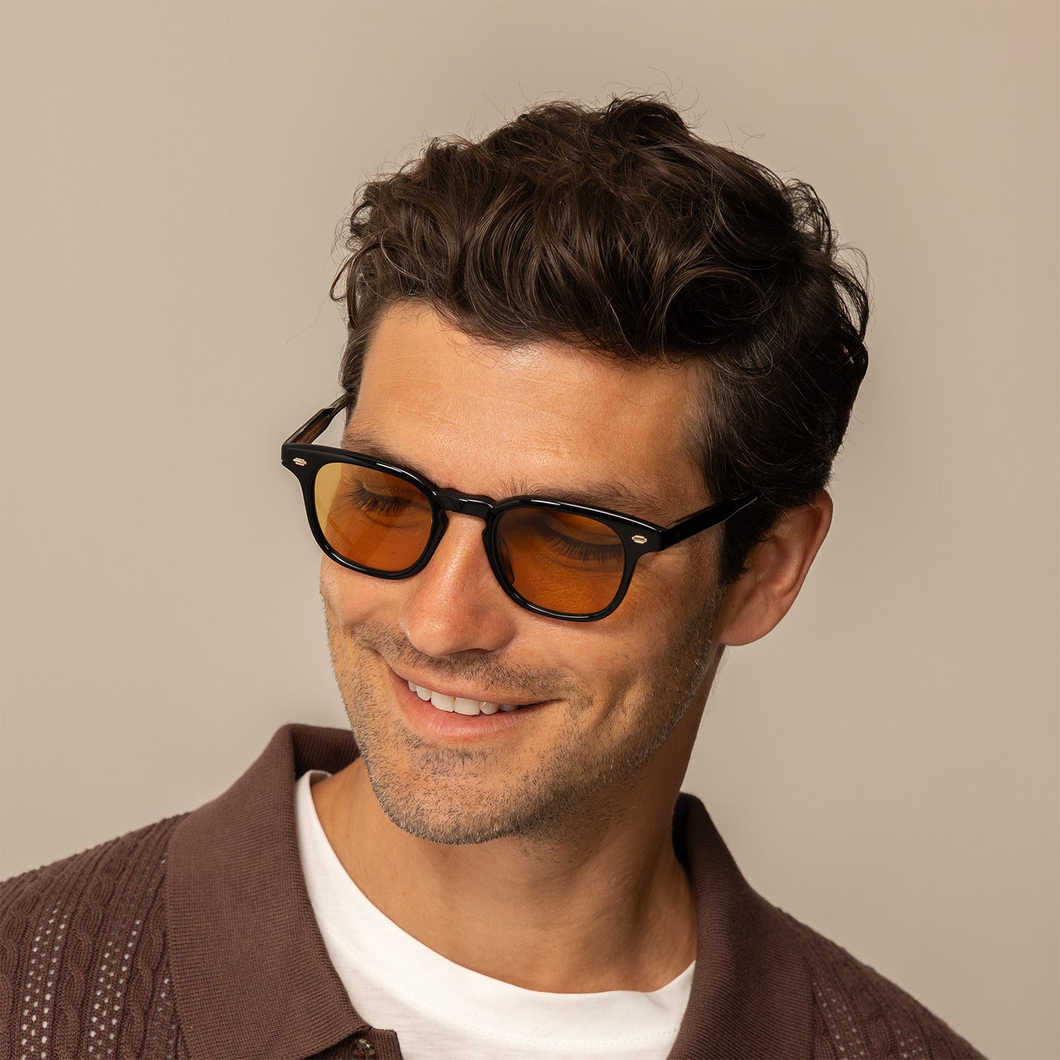 Man in Garrett Leight Sherwood Sun Sunglasses in Black, front view.