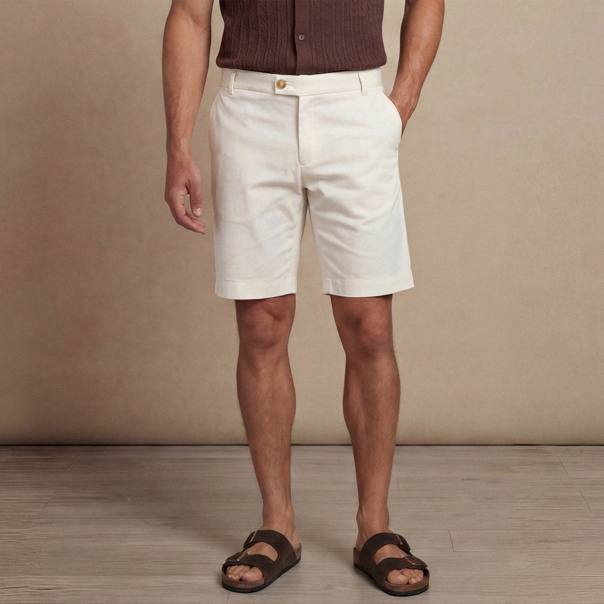 Man wearing Marame Chino Shorts in ivory stone front view. |ivory stone