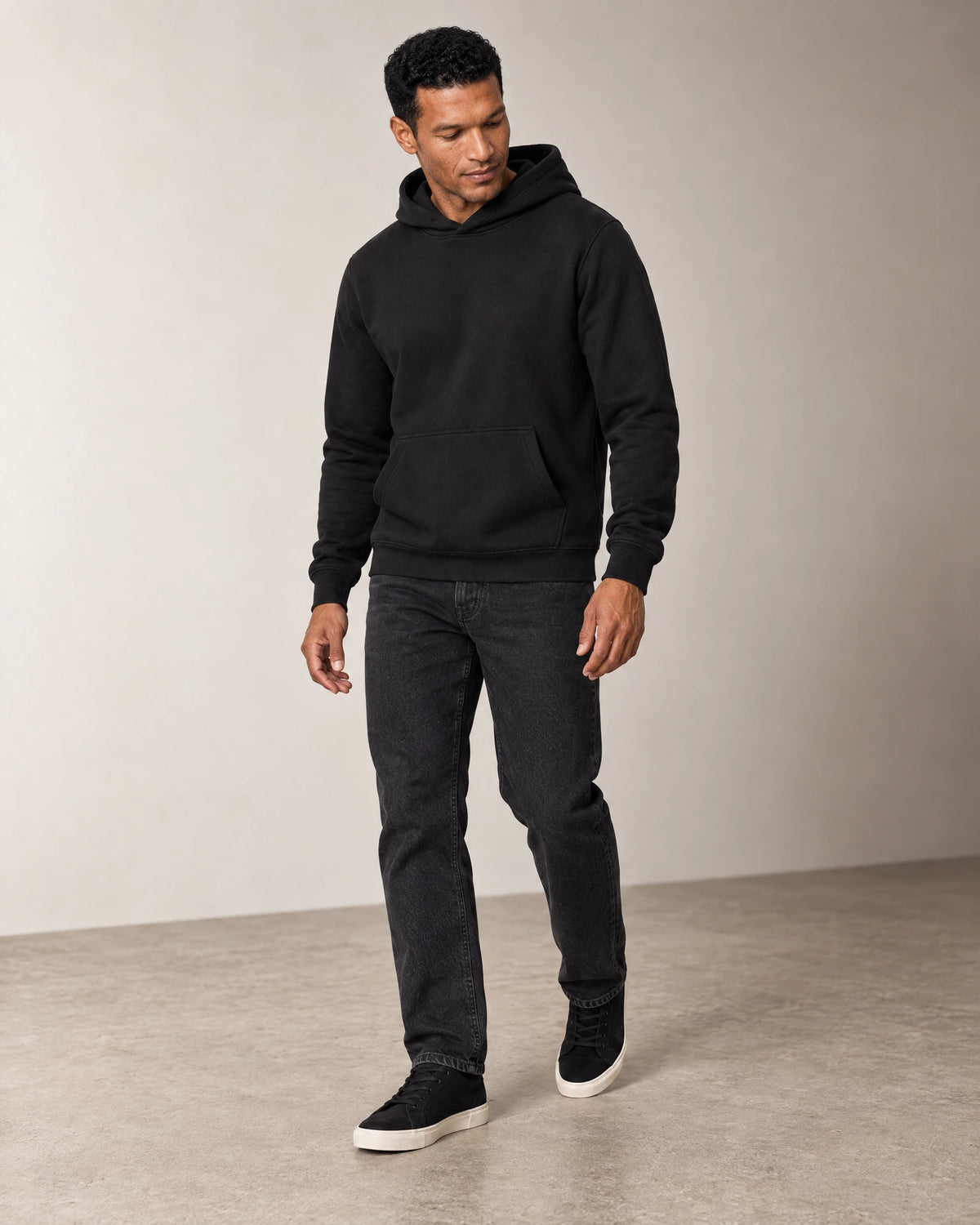 Cotton Fleece Hoodie in Black — full-length look
