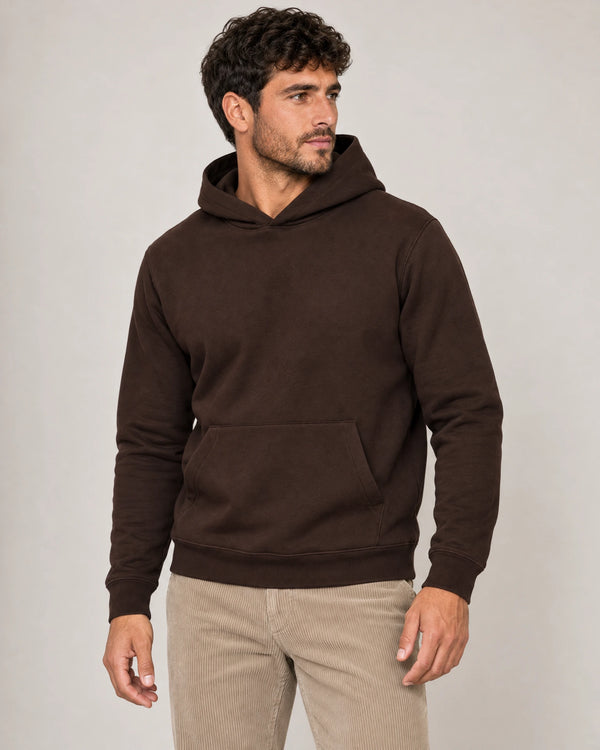 Cotton Fleece Hoodie campaign 01|smoked brown