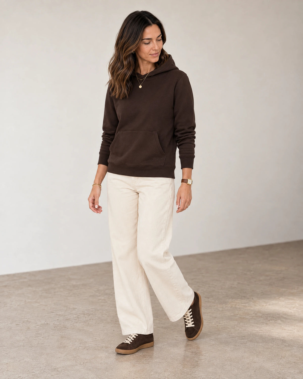 Cotton Fleece Hoodie in Smoked Brown — full-length autumn look