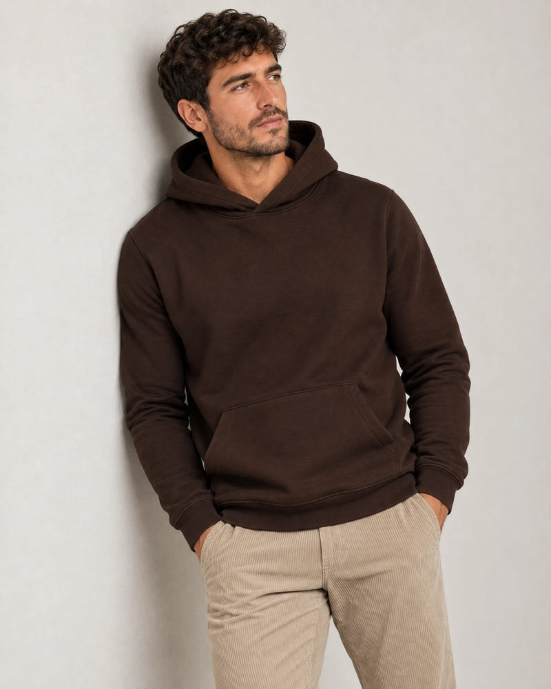 Cotton Fleece Hoodie campaign 07|smoked brown