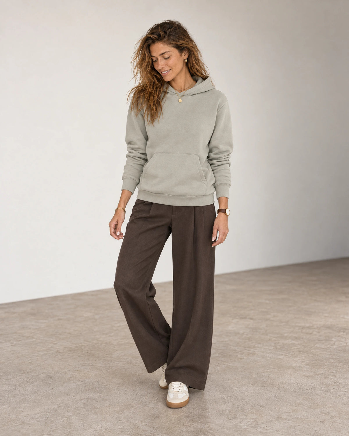 Cotton Fleece Hoodie in Wolf Green — full-length autumn look