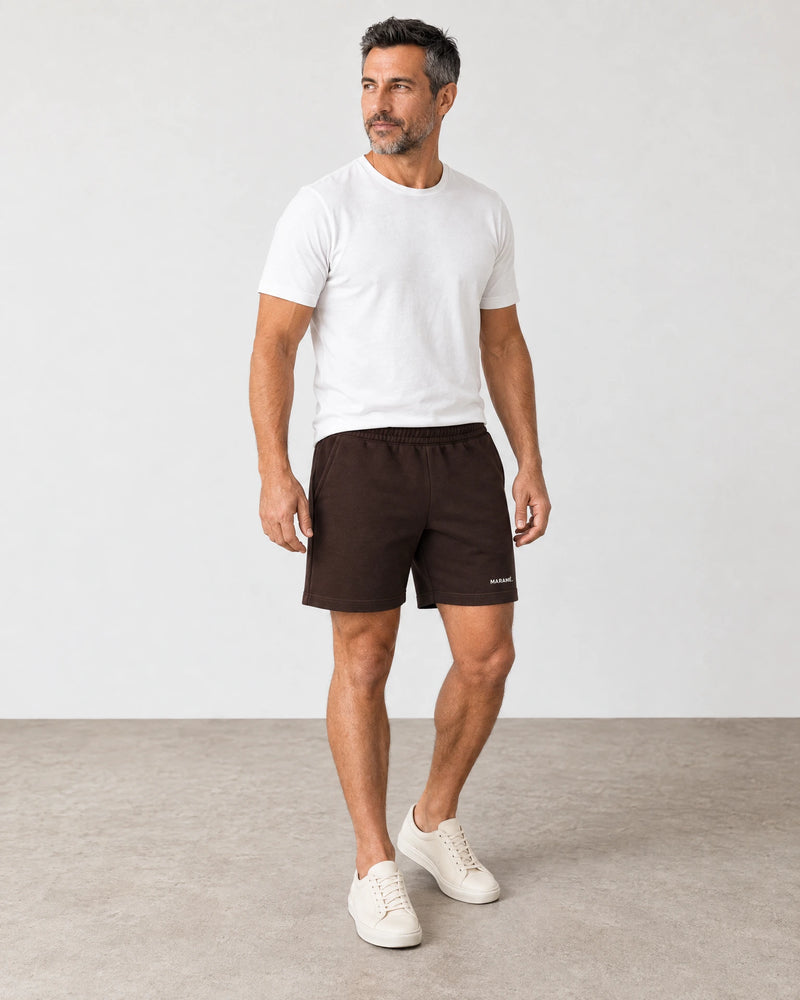 Cotton Fleece Lounge Shorts campaign 01|smoked brown