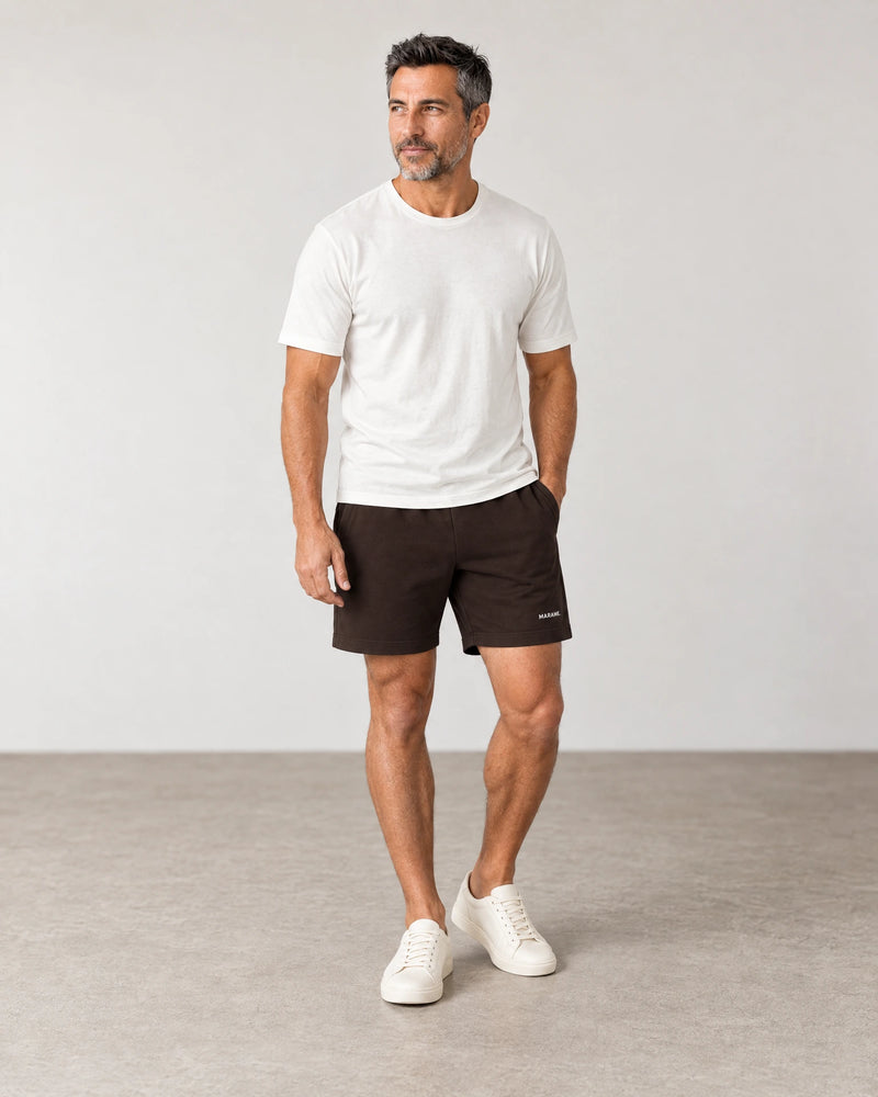 Cotton Fleece Lounge Shorts campaign 02|smoked brown