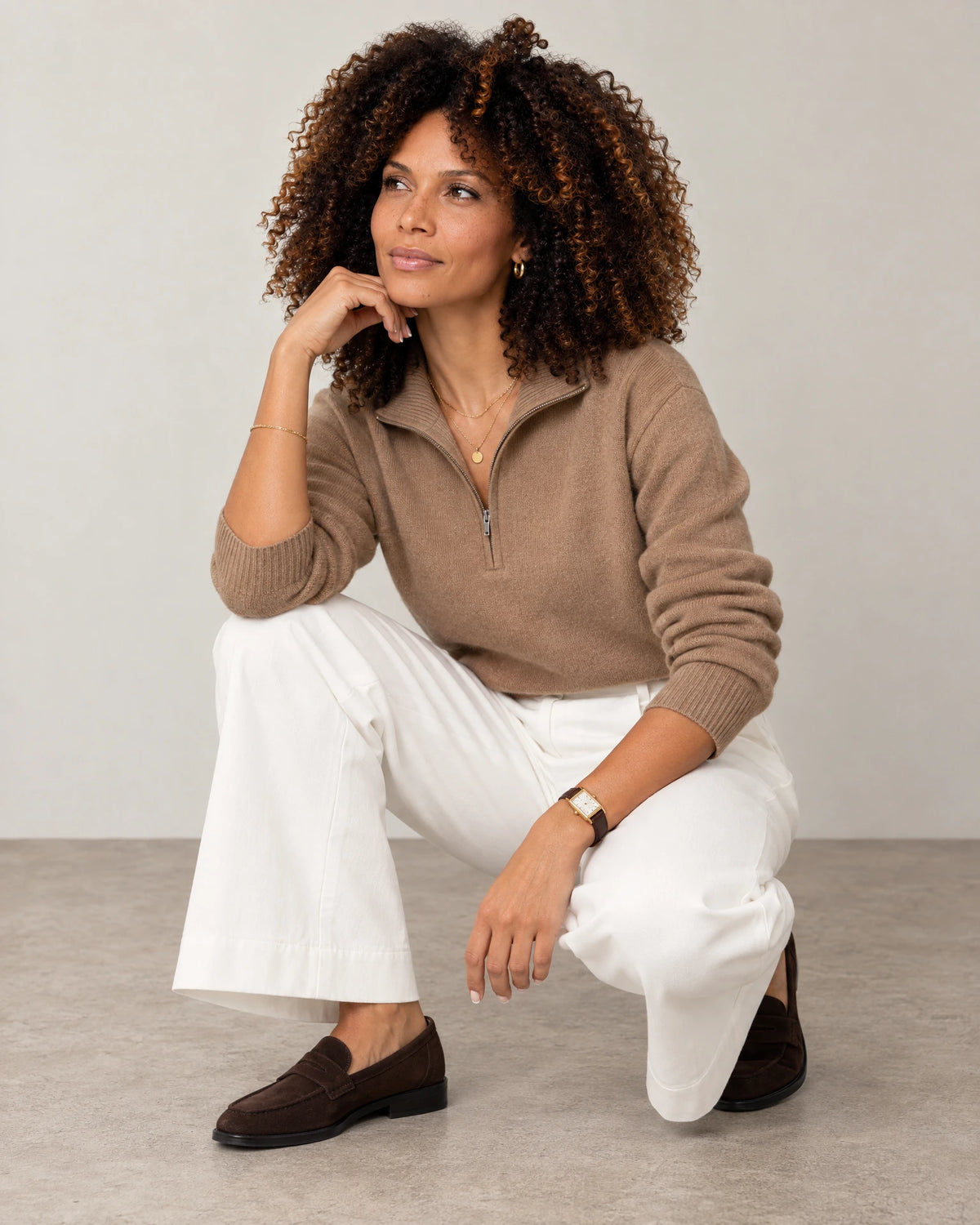 High-Waisted Smart Trouser in White Cream — full-length autumn look