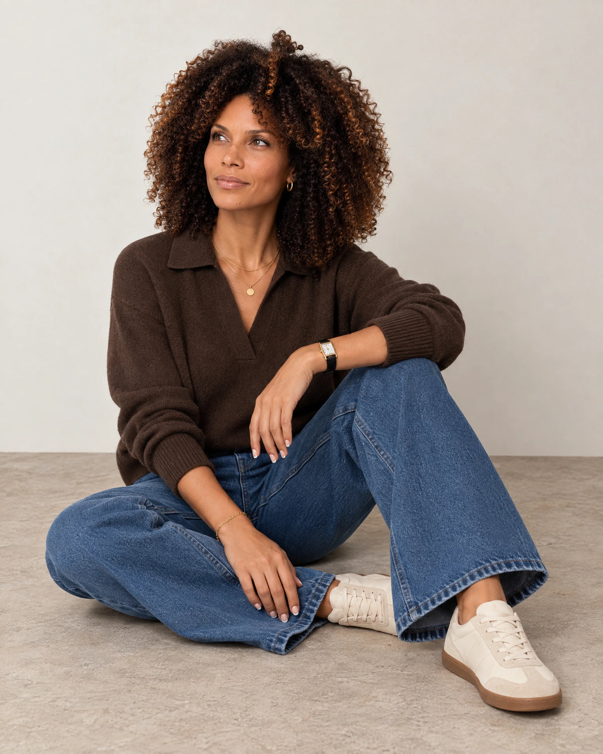 High-Waisted Wide Leg Jeans in Blue Wash Denim — full-length autumn look