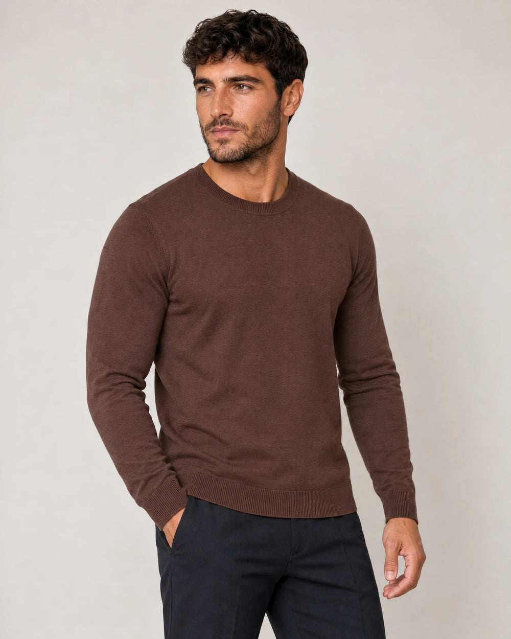 Italian Fine Knit Crew campaign 01|conker brown