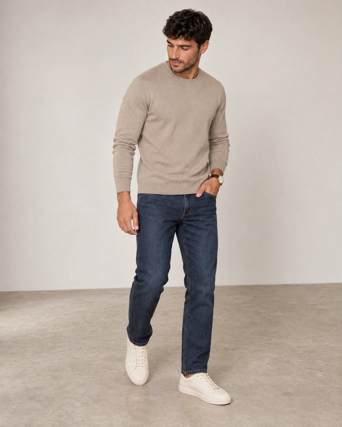 Italian Fine Knit Crew in Putty Dove — full-length look