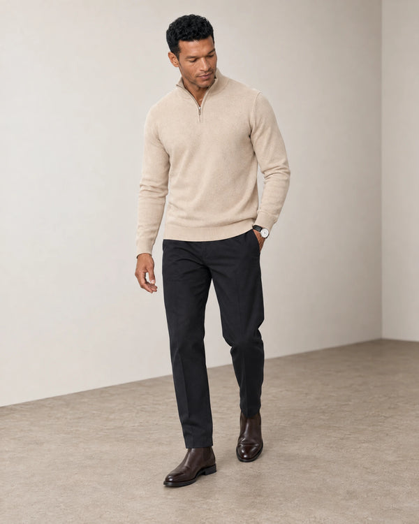 Italian Fine Knit Half Zip campaign 06|beige pearl