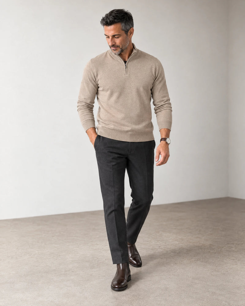 Italian Fine Knit Half Zip campaign 06|putty dove
