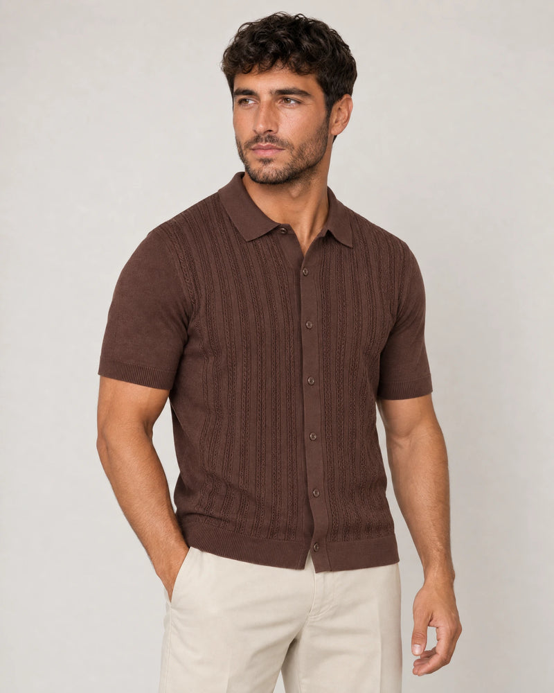 Italian Knit Cable Shirt campaign 01|conker brown