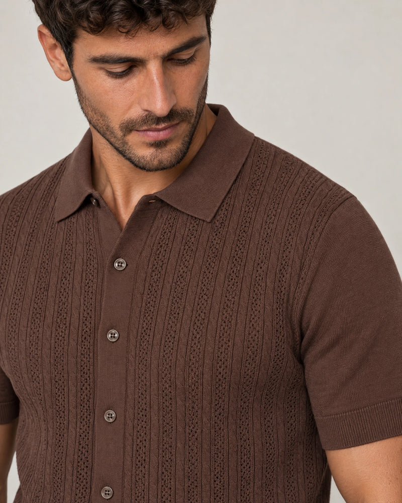Italian Knit Cable Shirt campaign 03|conker brown