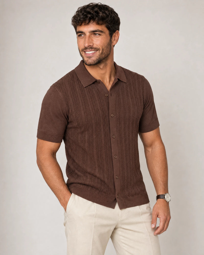 Italian Knit Cable Shirt campaign 05|conker brown