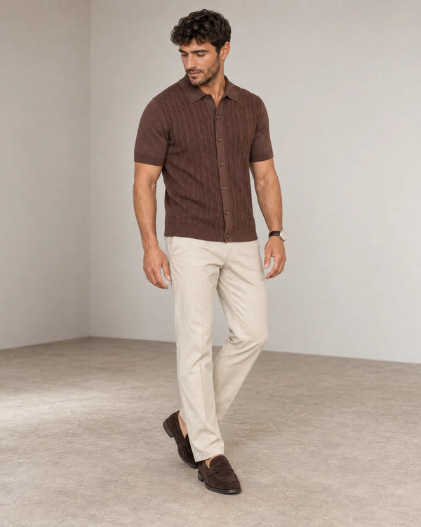 Italian Knit Cable Shirt campaign 06|conker brown
