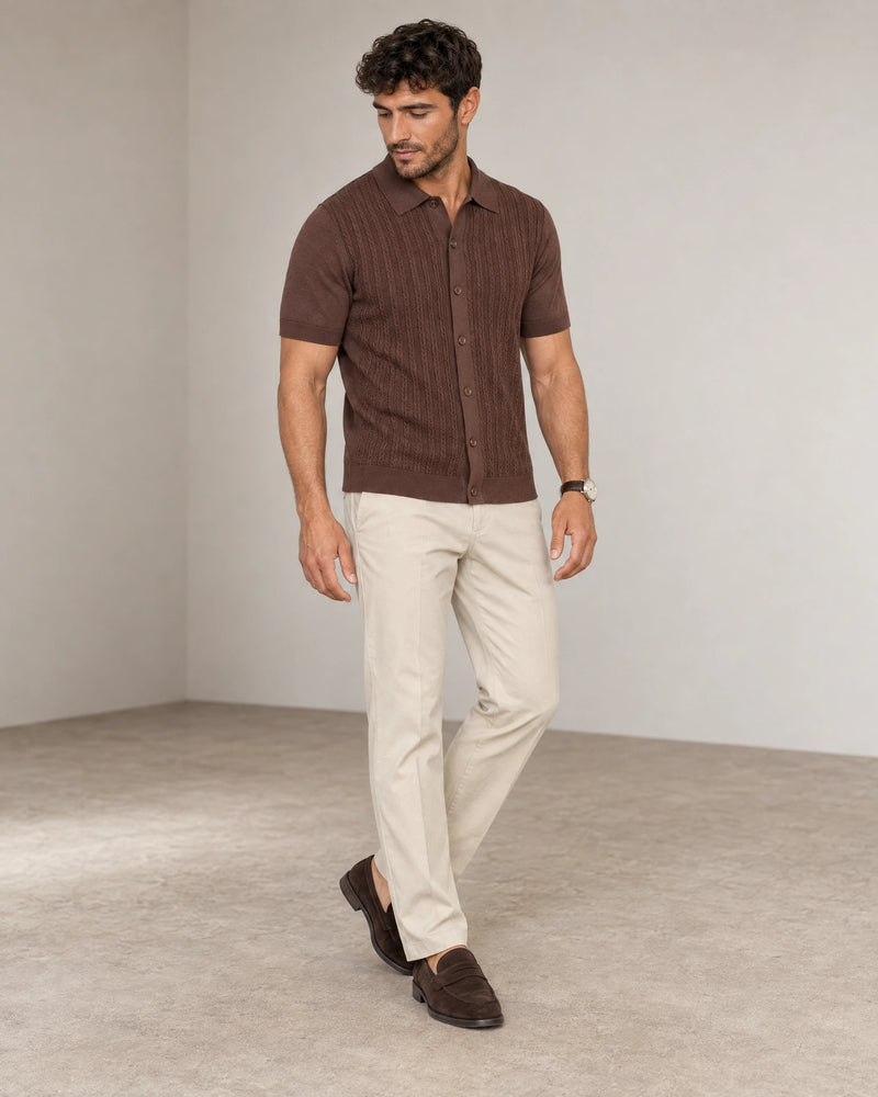 Italian Knit Cable Shirt campaign 06|conker brown