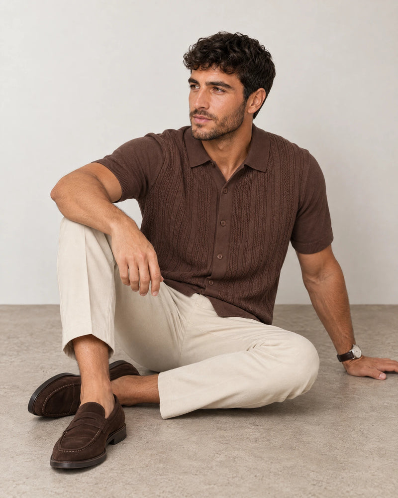 Italian Knit Cable Shirt campaign 07|conker brown