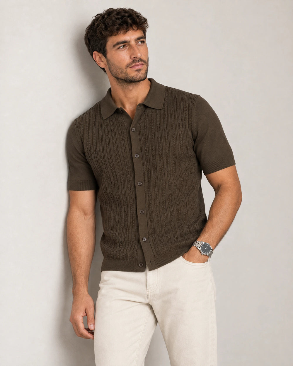 Italian Knit Cable Shirt campaign 07|morning meadow