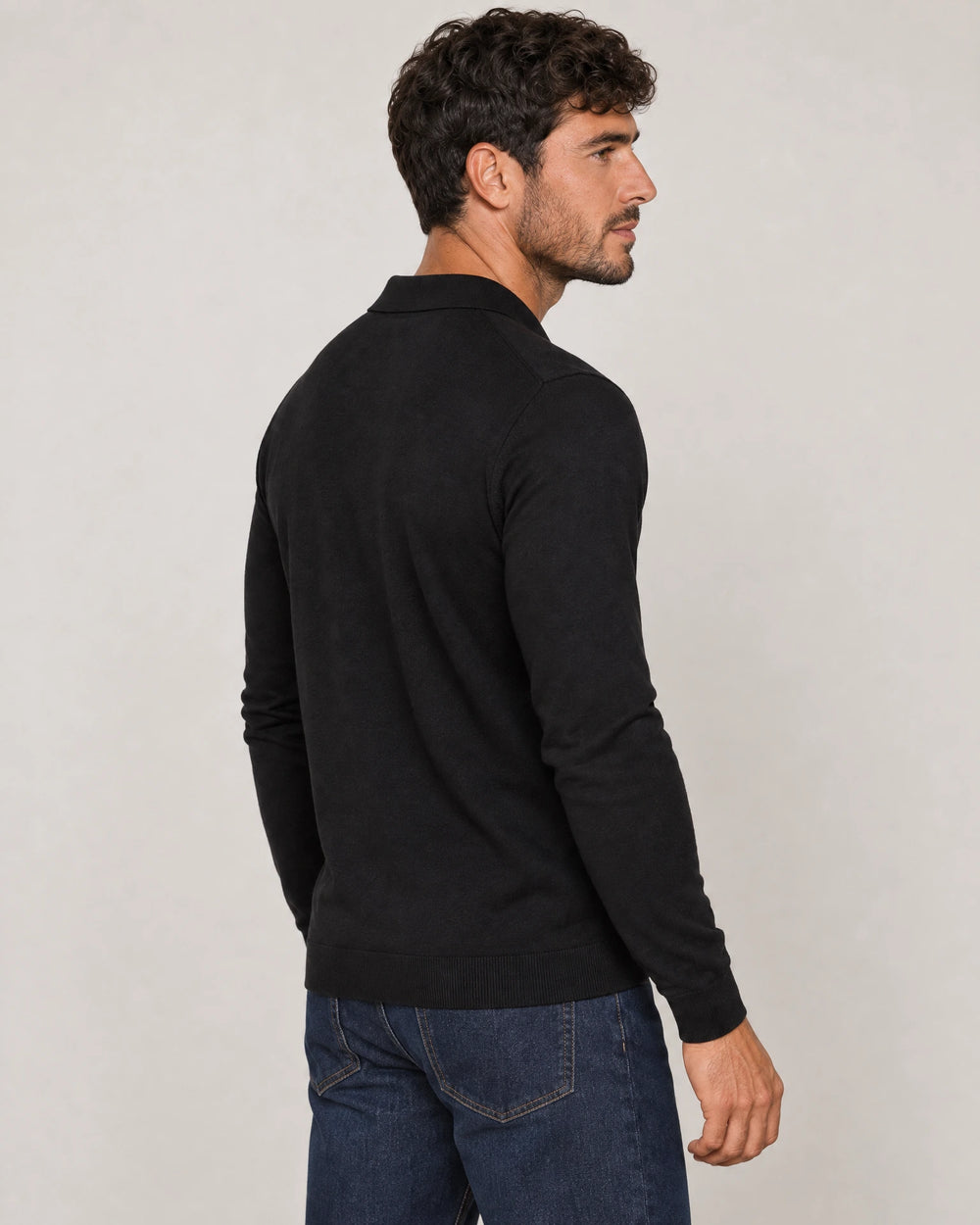 Italian Merino/Cotton Long Sleeve Polo campaign 04|black