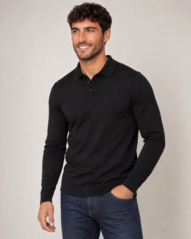 Italian Merino/Cotton Long Sleeve Polo campaign 05|black
