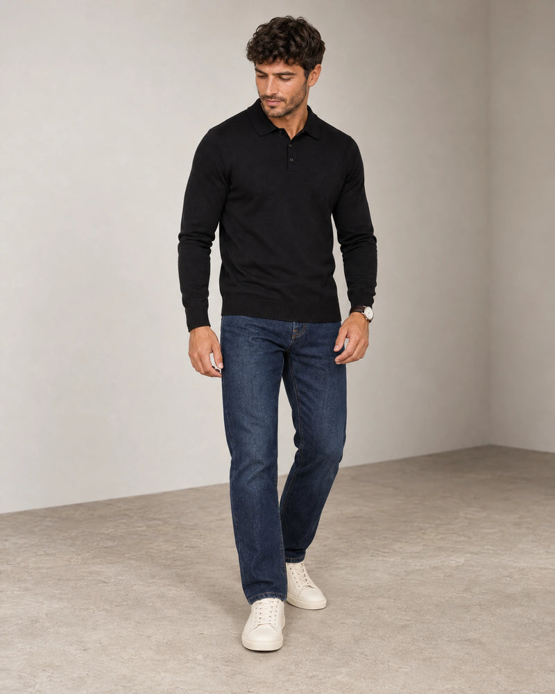 Italian Merino/Cotton Long Sleeve Polo campaign 06|black