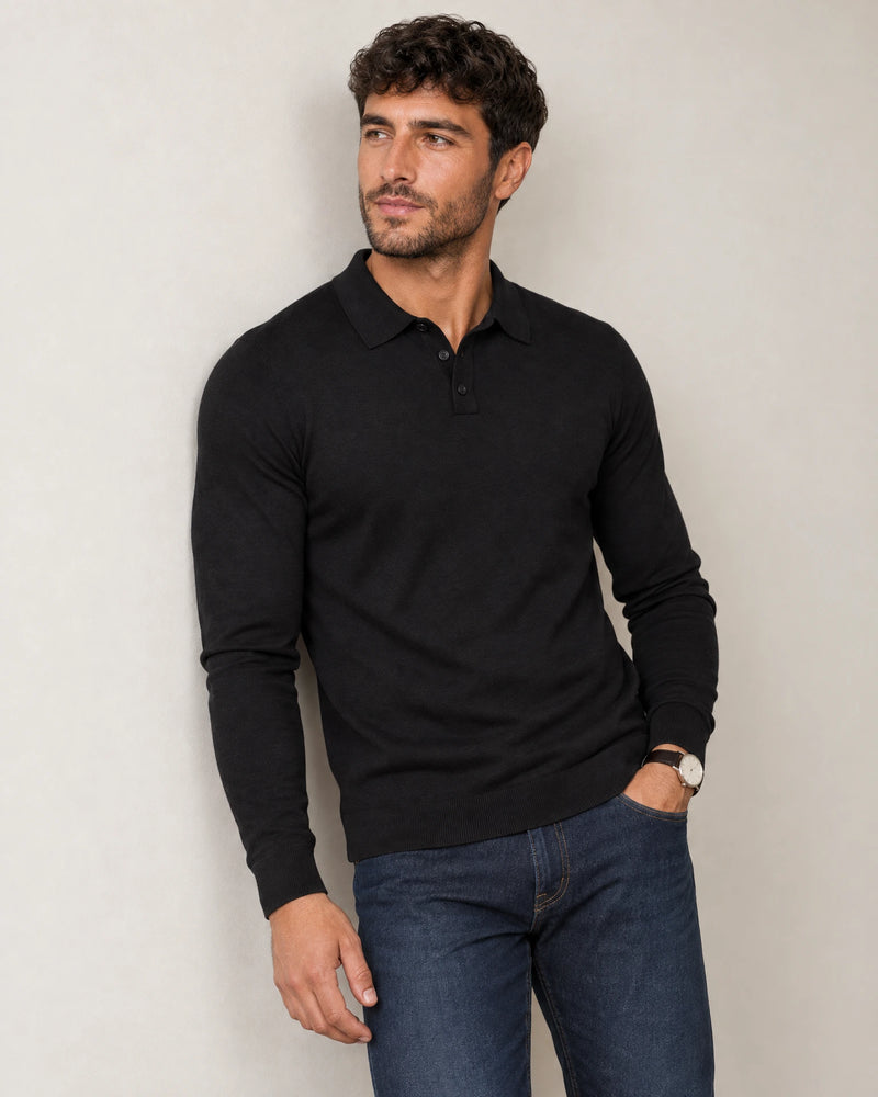 Italian Merino/Cotton Long Sleeve Polo campaign 07|black