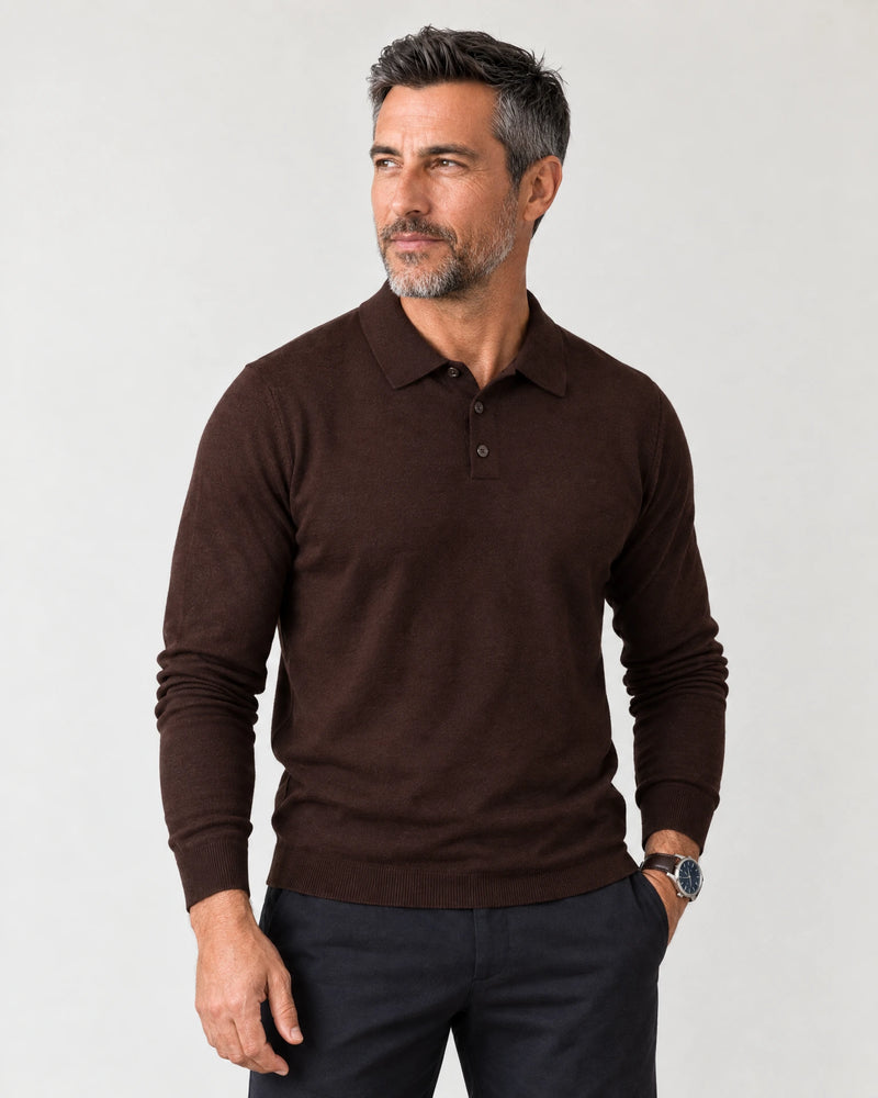 Italian Merino/Cotton Long Sleeve Polo campaign 01|brown cherry