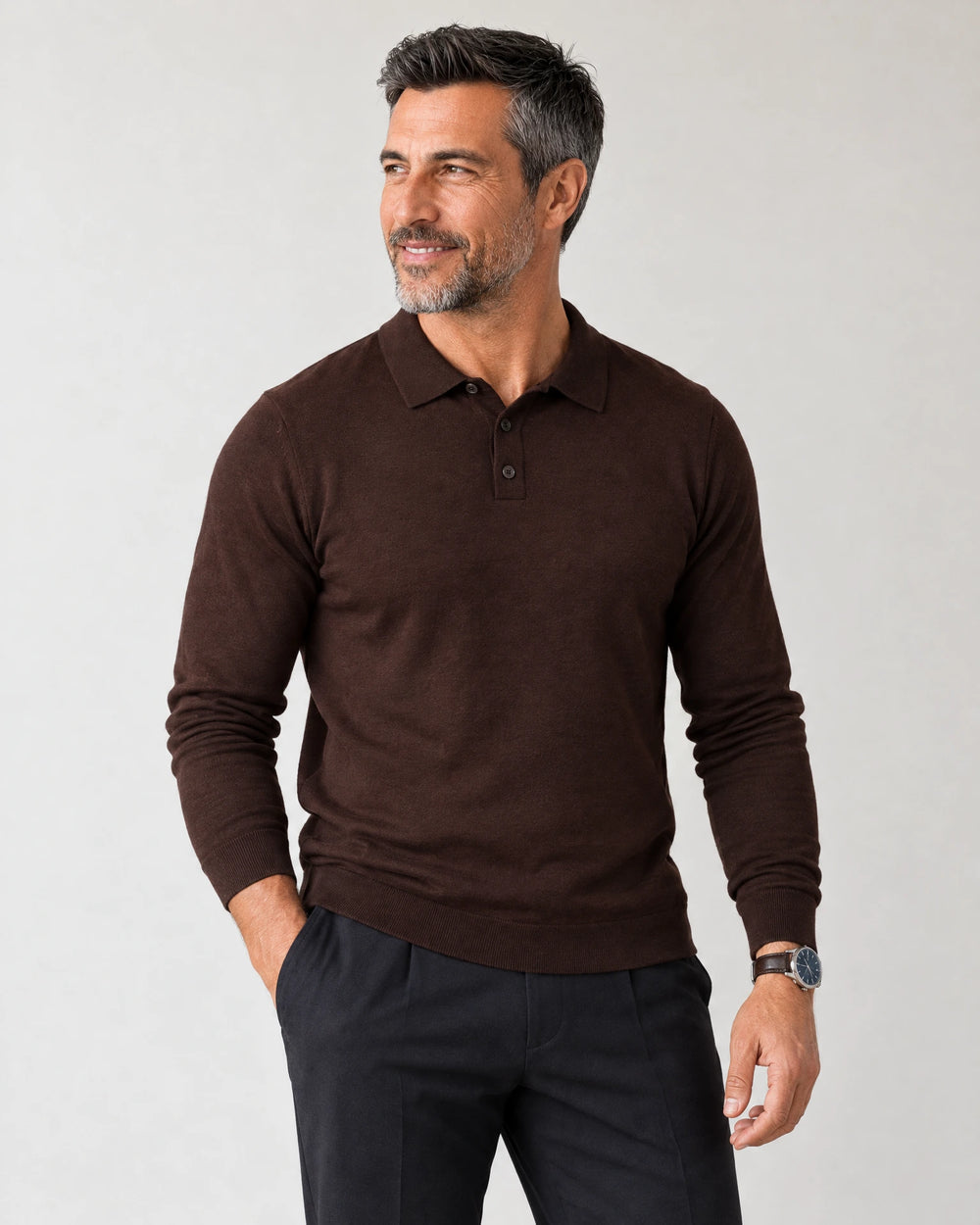 Italian Merino/Cotton Long Sleeve Polo campaign 05|brown cherry