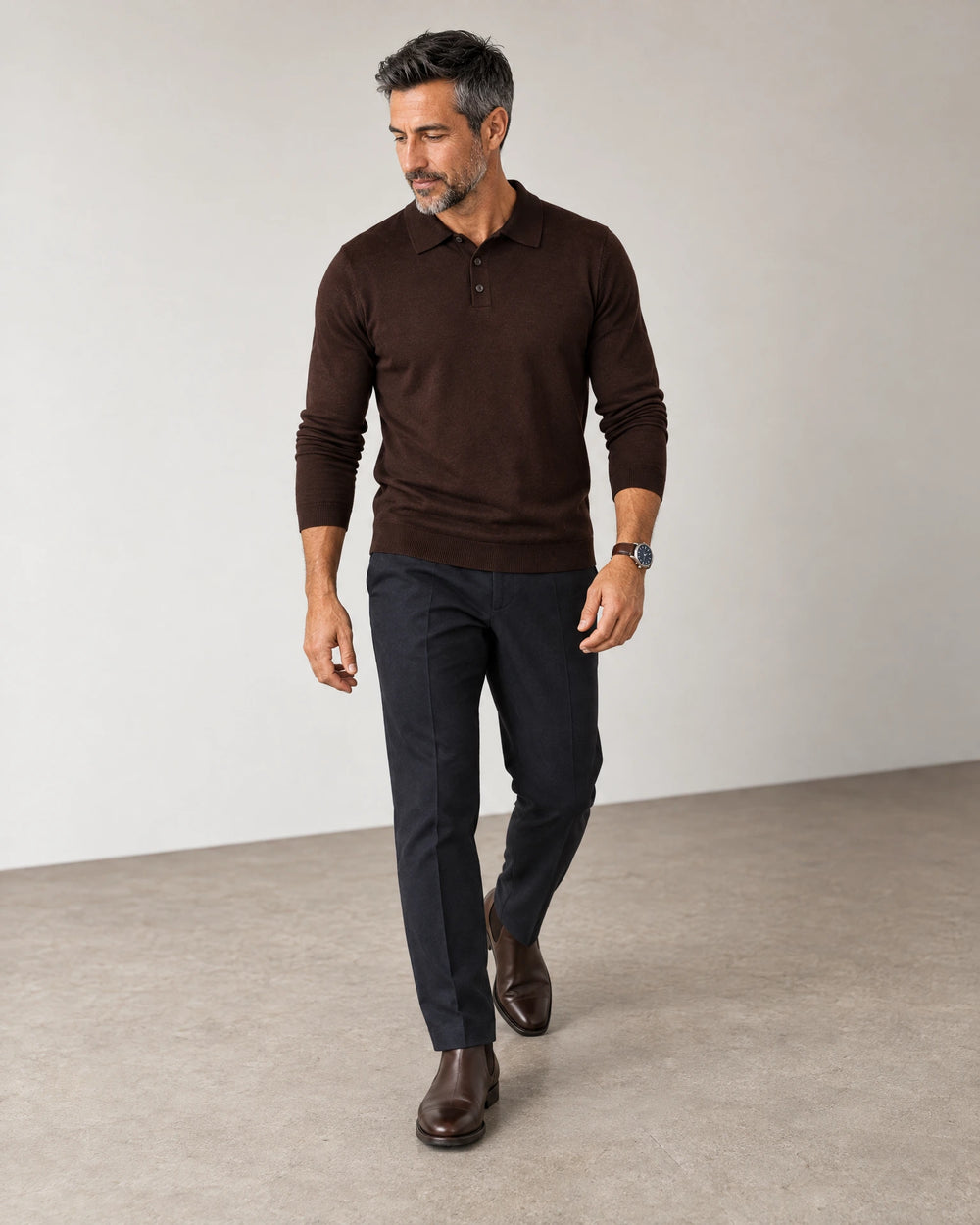Italian Merino/Cotton Long Sleeve Polo campaign 06|brown cherry