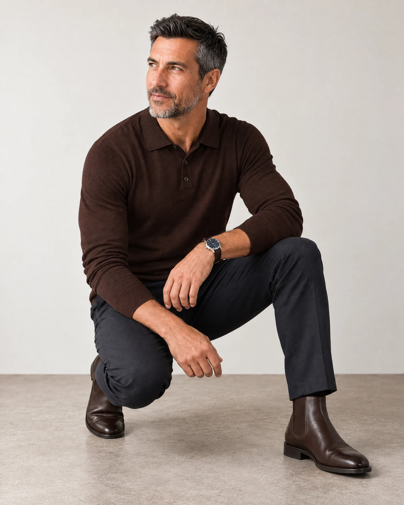 Italian Merino/Cotton Long Sleeve Polo campaign 07|brown cherry