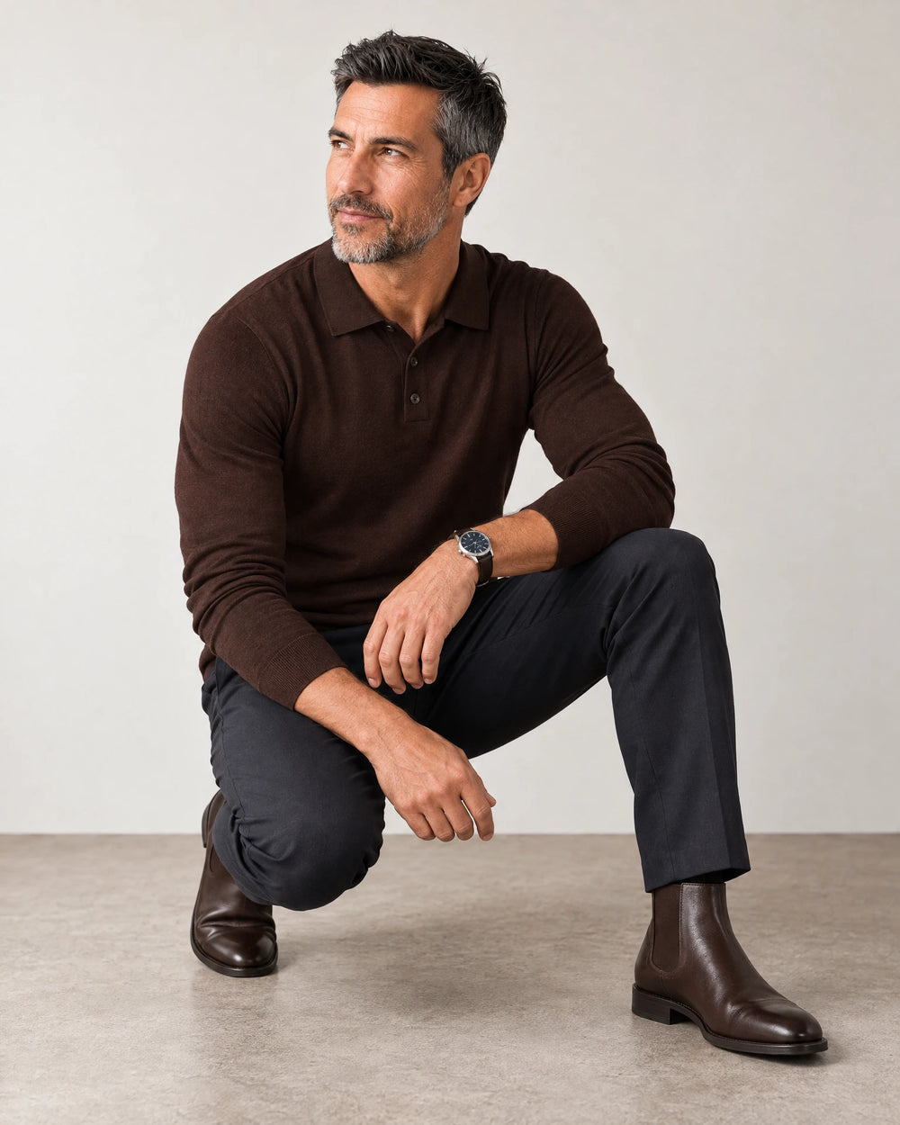 Italian Merino/Cotton Long Sleeve Polo campaign 07|brown cherry