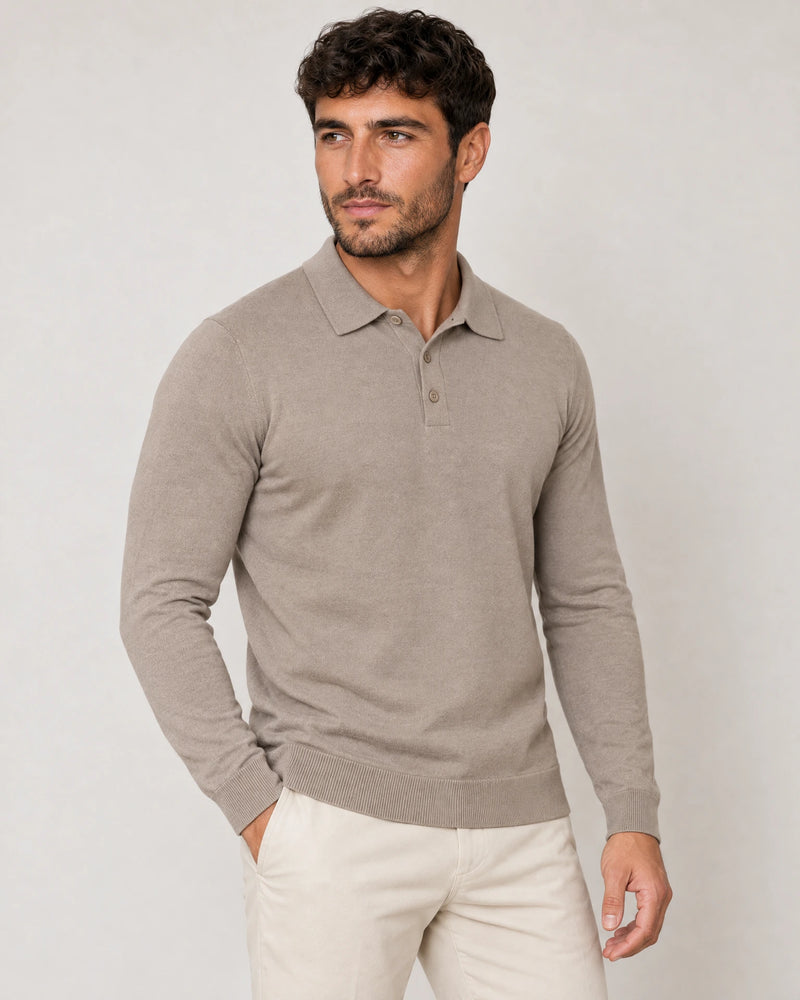 Italian Merino/Cotton Long Sleeve Polo campaign 01|shadow grey