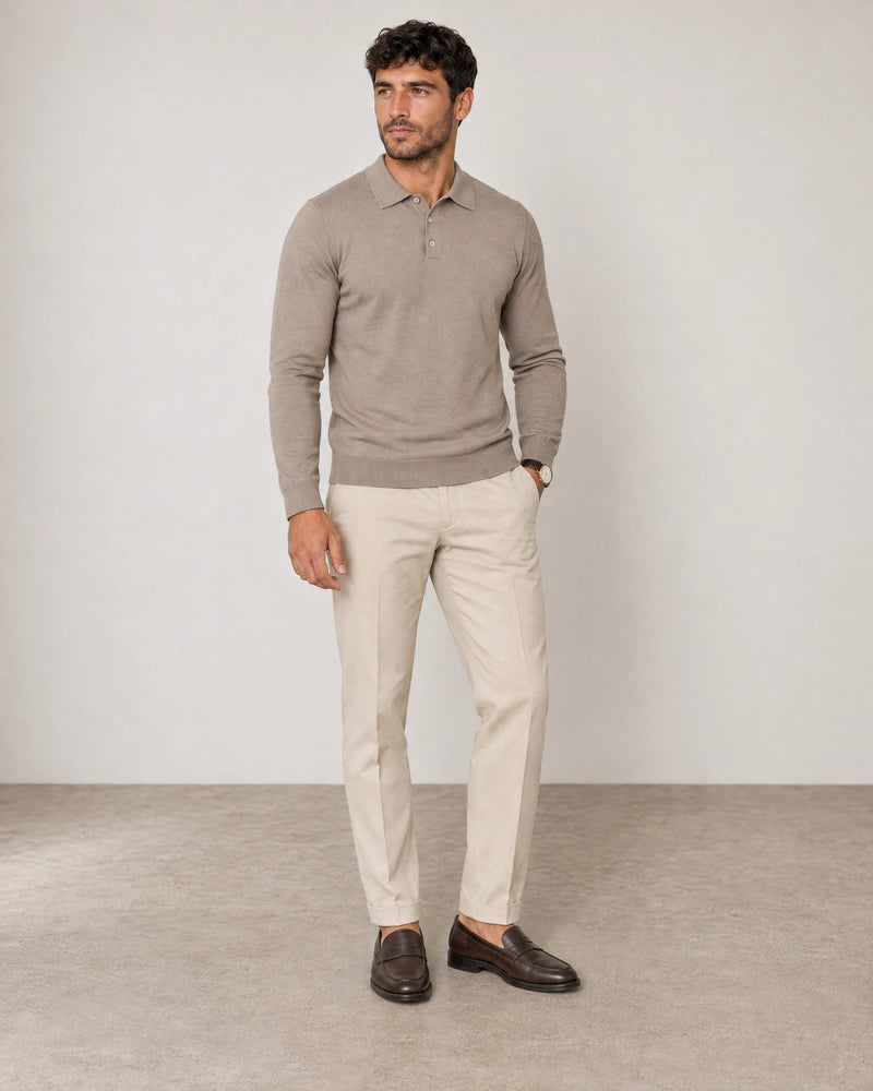 Italian Merino/Cotton Long Sleeve Polo campaign 02|shadow grey
