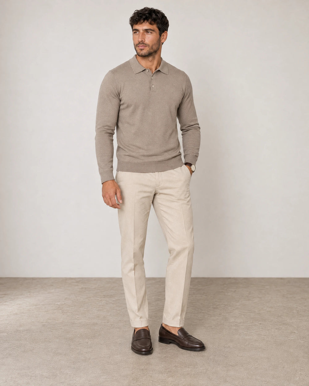 Italian Merino/Cotton Long Sleeve Polo campaign 02|shadow grey