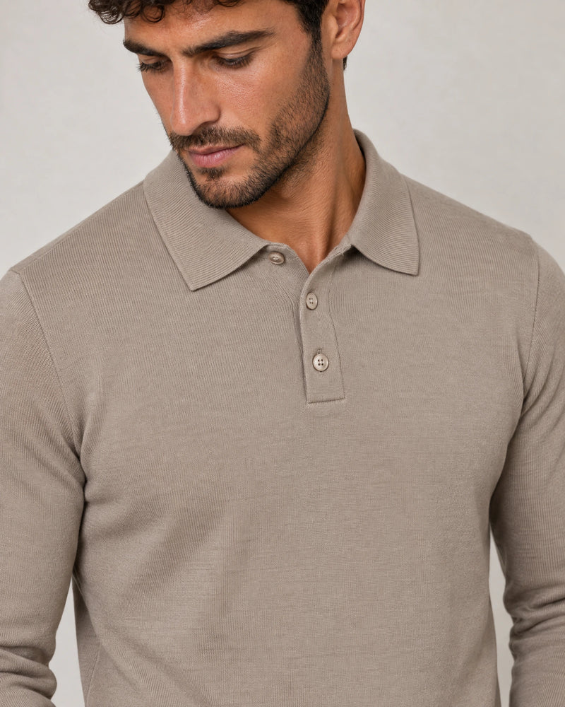Italian Merino/Cotton Long Sleeve Polo campaign 03|shadow grey