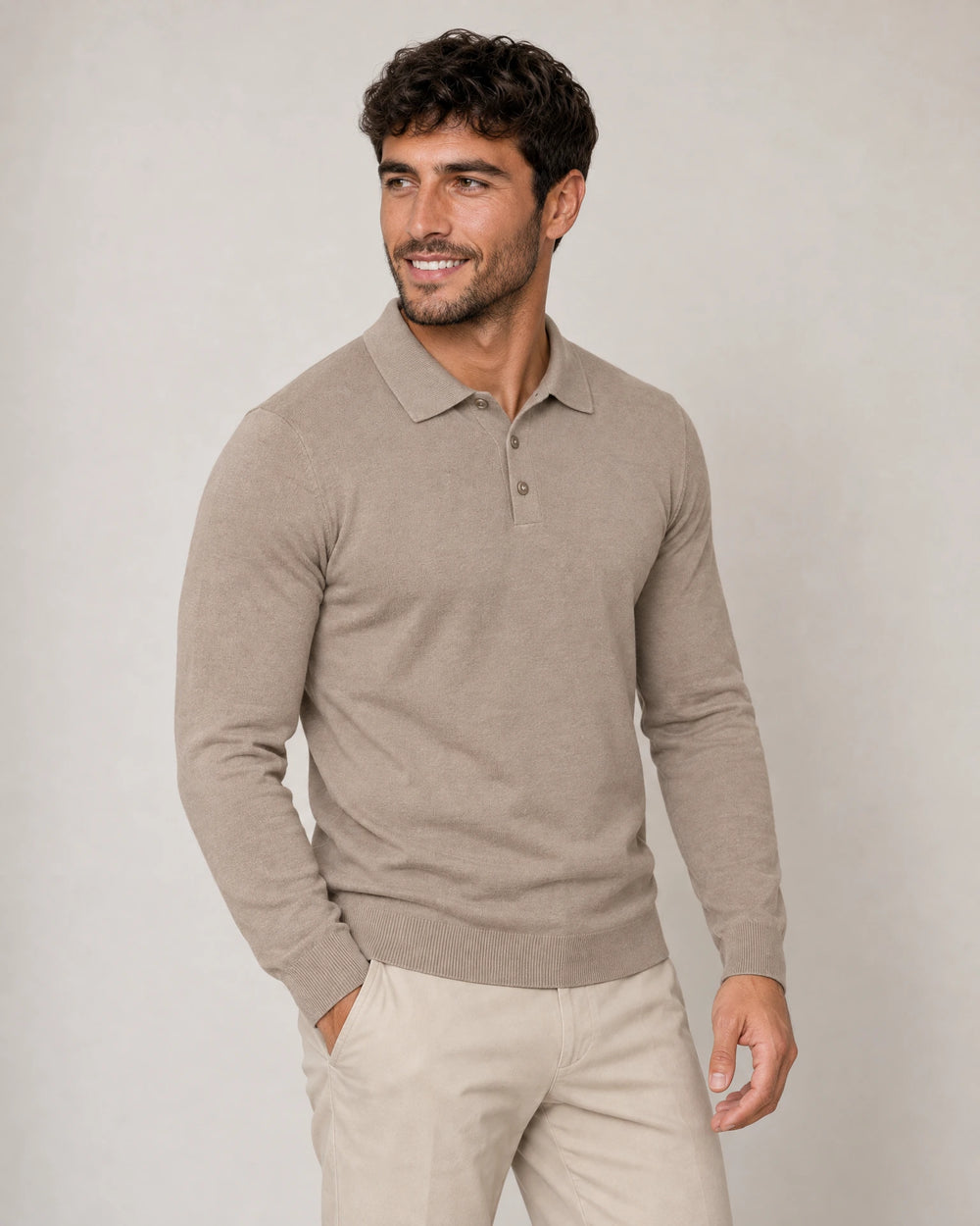 Italian Merino/Cotton Long Sleeve Polo campaign 05|shadow grey