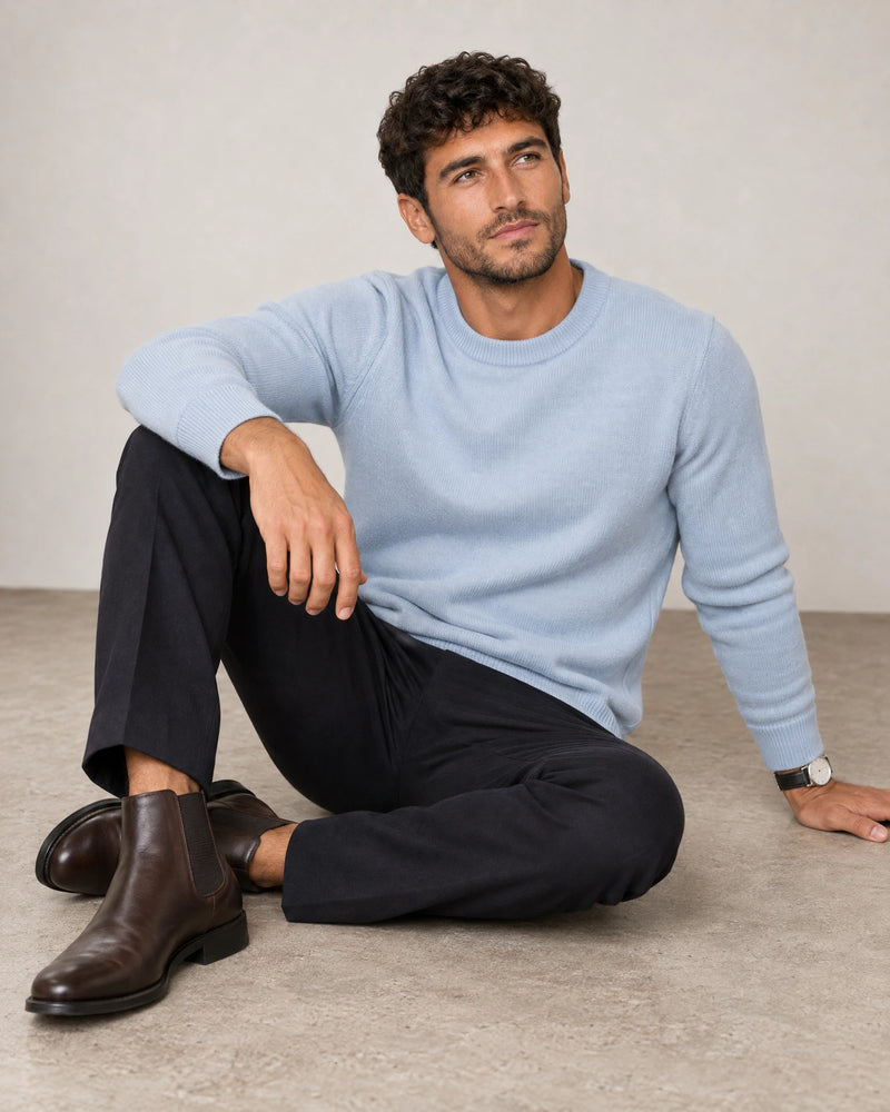 Italian Merino Wool Knit Jumper campaign 07|blushing blue