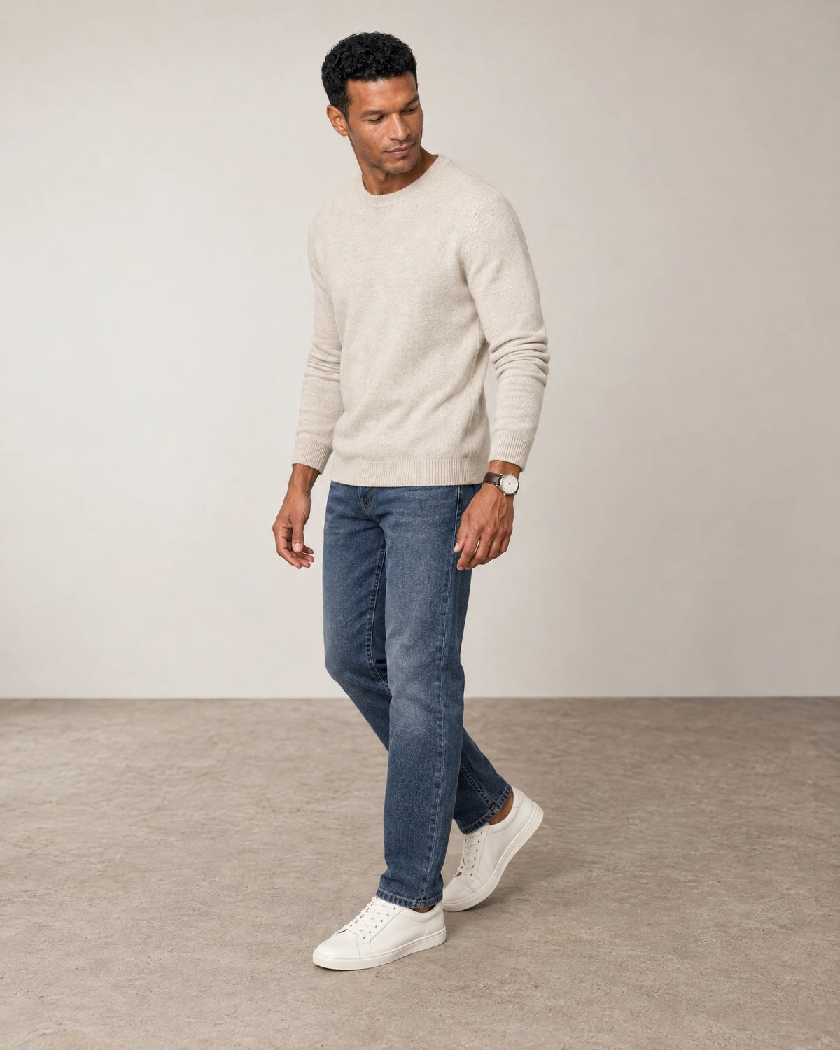 Italian Merino Wool Knit Jumper in Speckled Grey — full-length look