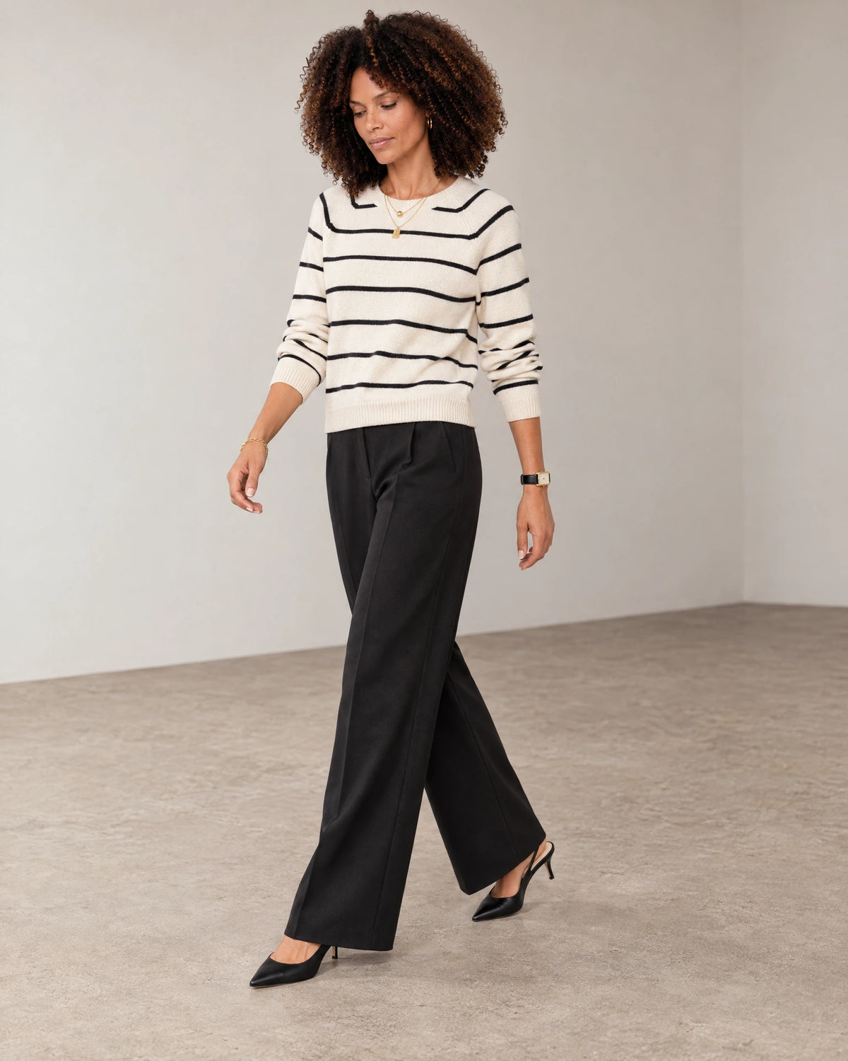 Italian Merino Wool Knit Jumper in Vanilla Cream/Black — full-length autumn look