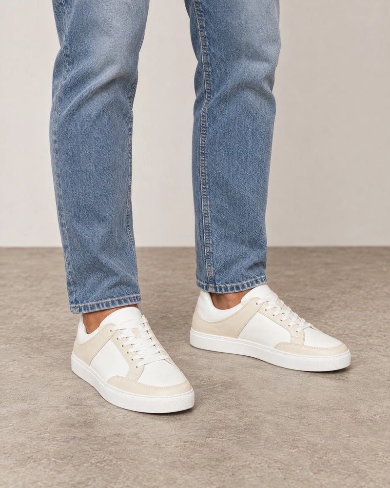 Leather Contrast Trainers campaign 01|beige & white