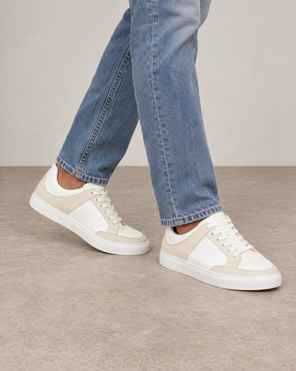 Leather Contrast Trainers campaign 02|beige & white