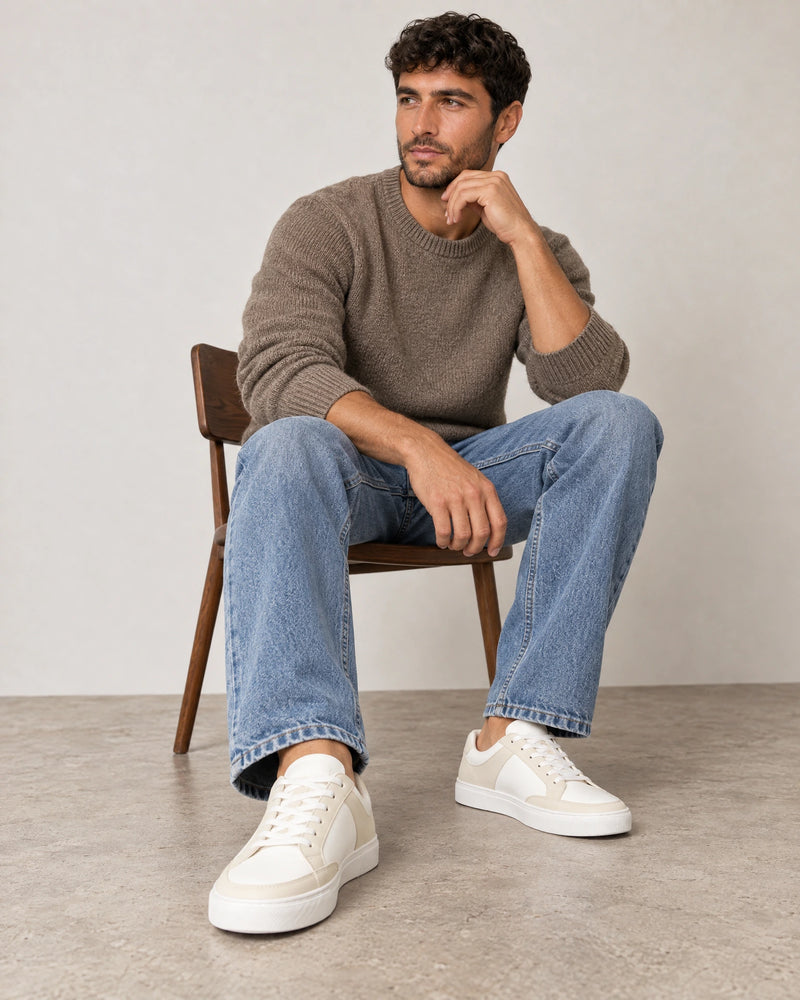 Leather Contrast Trainers campaign 06|beige & white