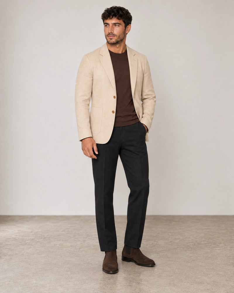 Linen Blend Blazer campaign 02|beige linen