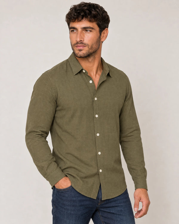 Linen Blend Long Sleeve Shirt campaign 01|olive grove