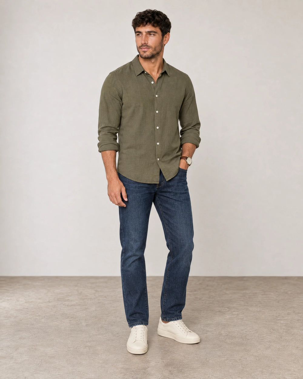 Linen Blend Long Sleeve Shirt campaign 02|olive grove