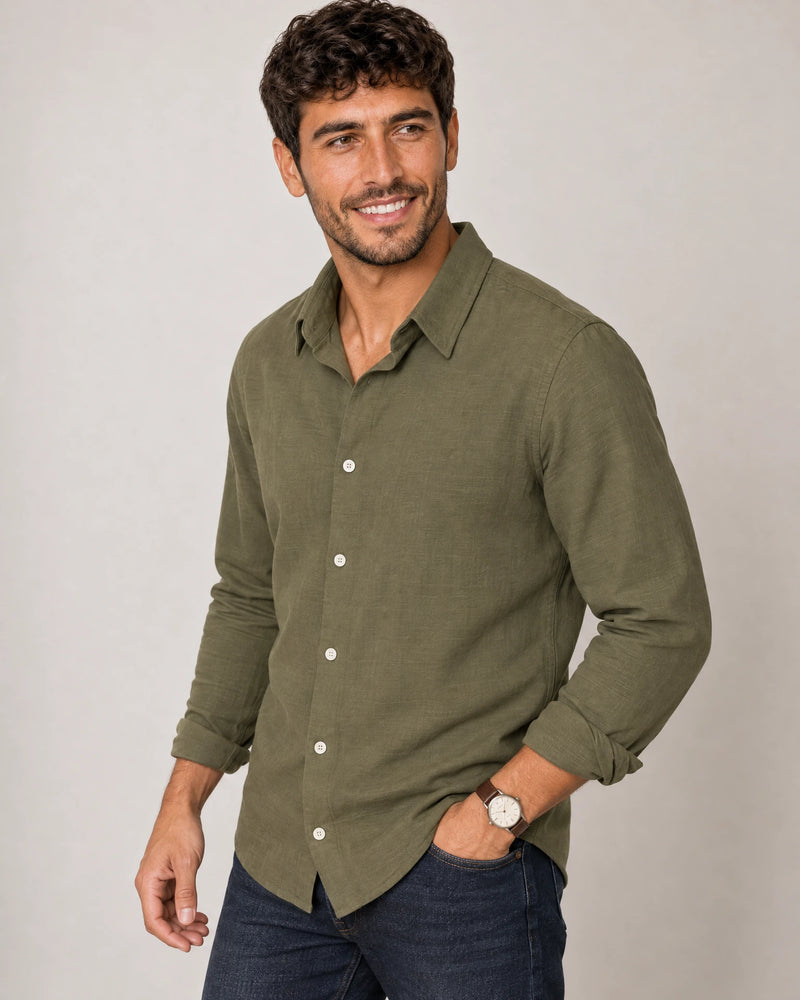 Linen Blend Long Sleeve Shirt campaign 05|olive grove