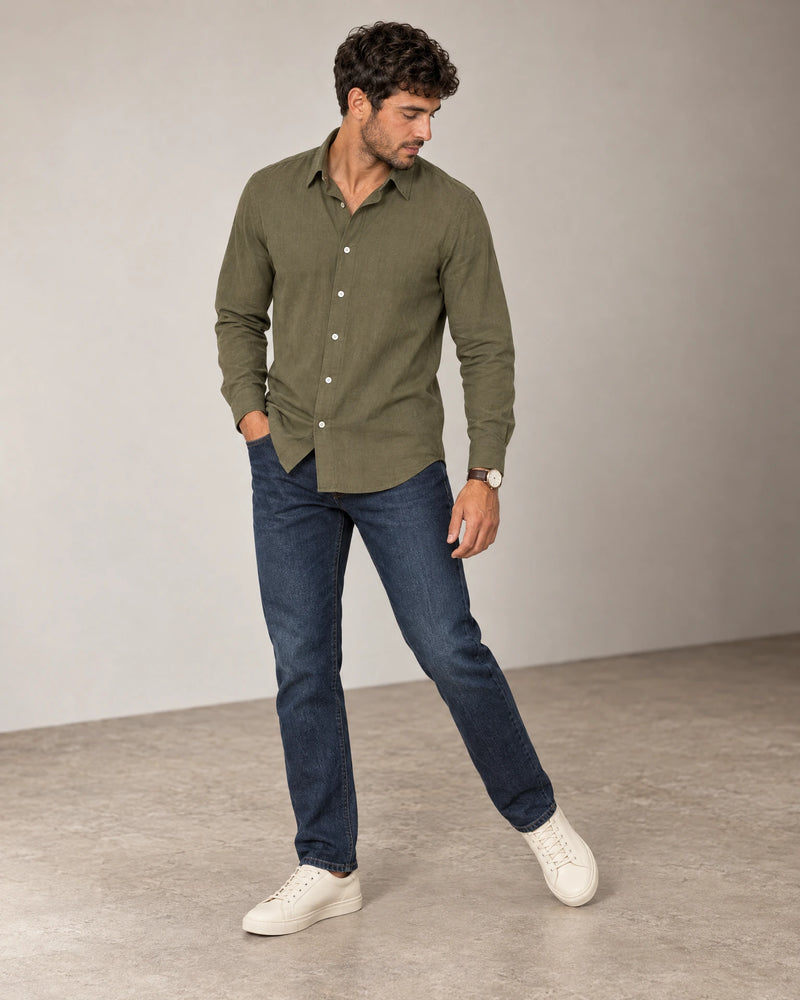 Linen Blend Long Sleeve Shirt campaign 06|olive grove