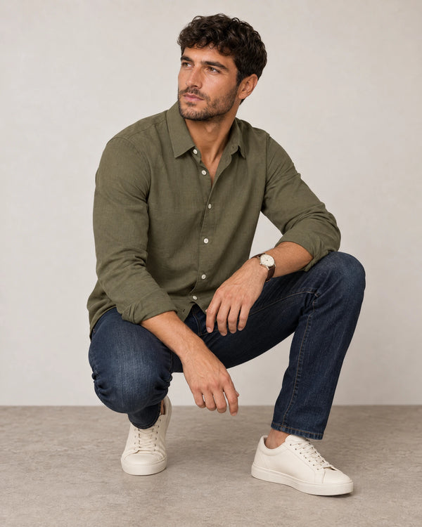 Linen Blend Long Sleeve Shirt campaign 07|olive grove